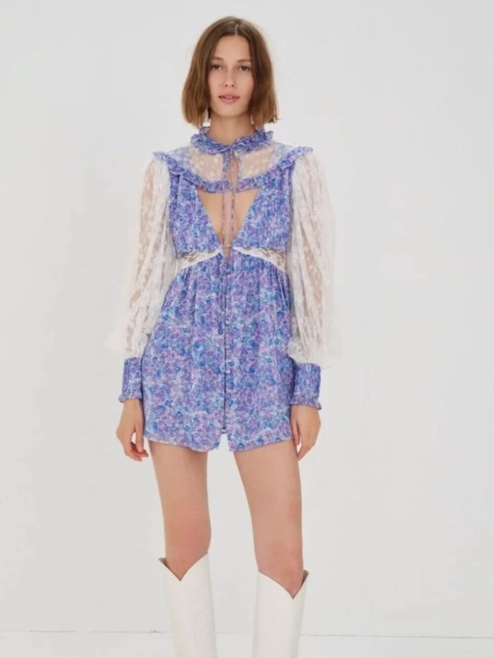 For Love & Lemons Floral Lace Sleeve Plunge Front Mini Dress NWT